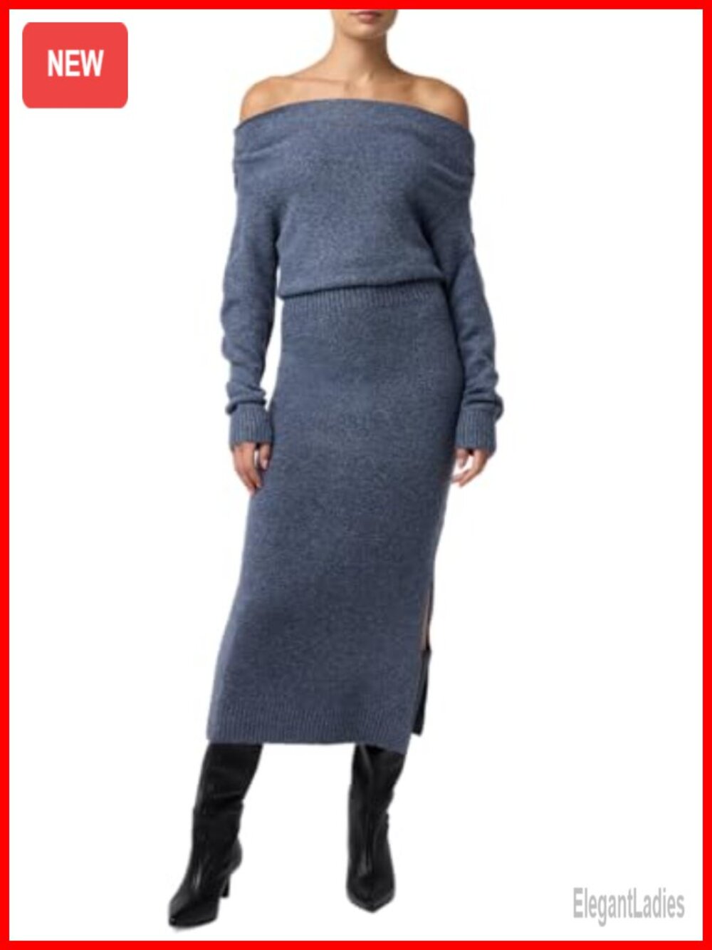 Off Shoulder Midi Sweater Dress Long Sleeve Side Slit Knit Pull On